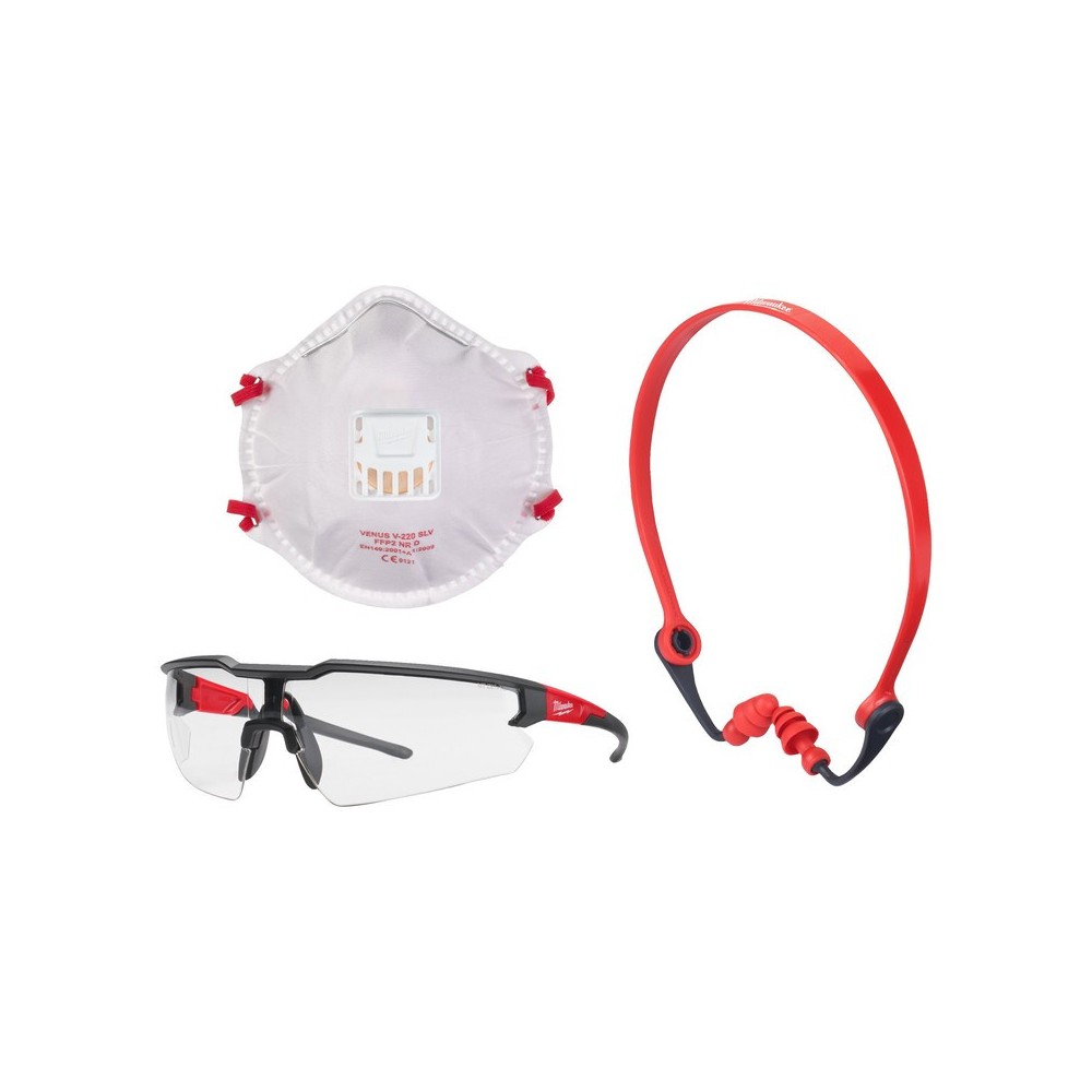 Kit PPE pentru tamplarie, cu antifoane, ochelari de protectie si masca pentru protectie respiratorie, Milwaukee
