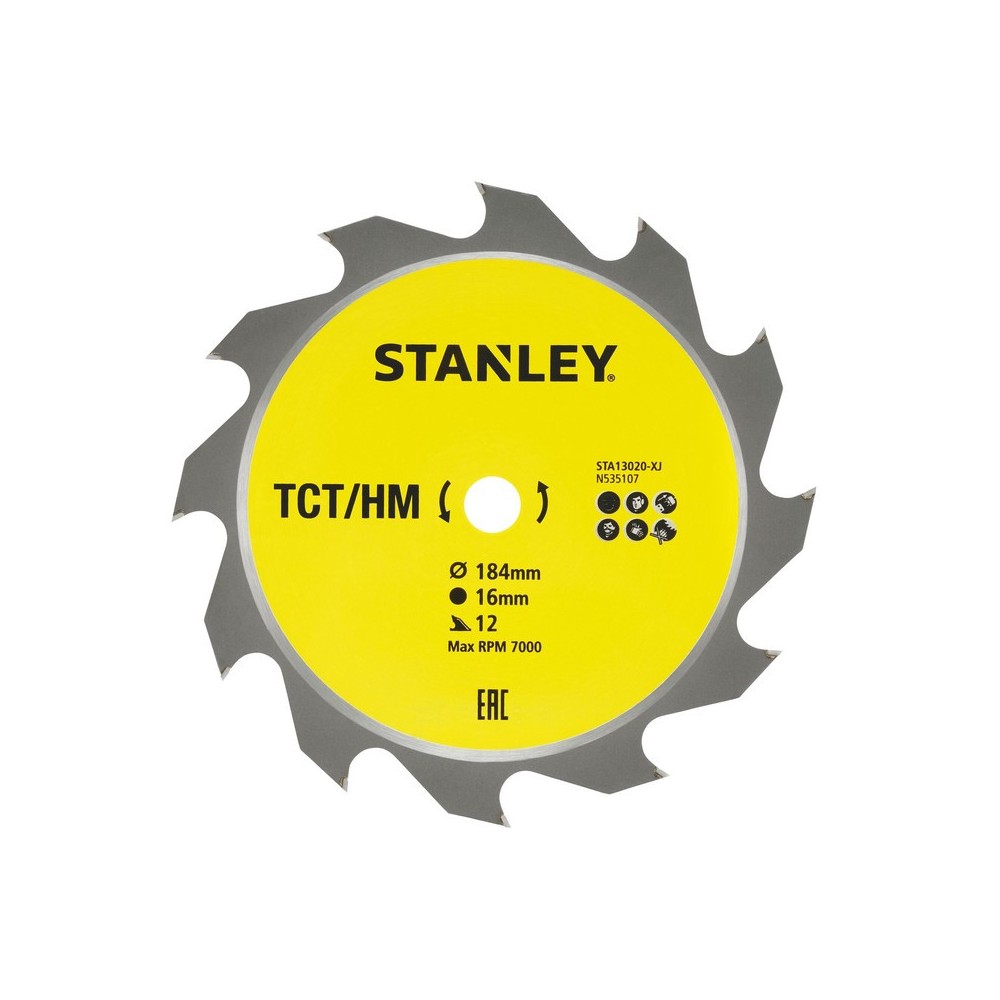 Disc fierastrau circular TCT/HM pentru lemn 184x16mm, 12 dinti, Stanley