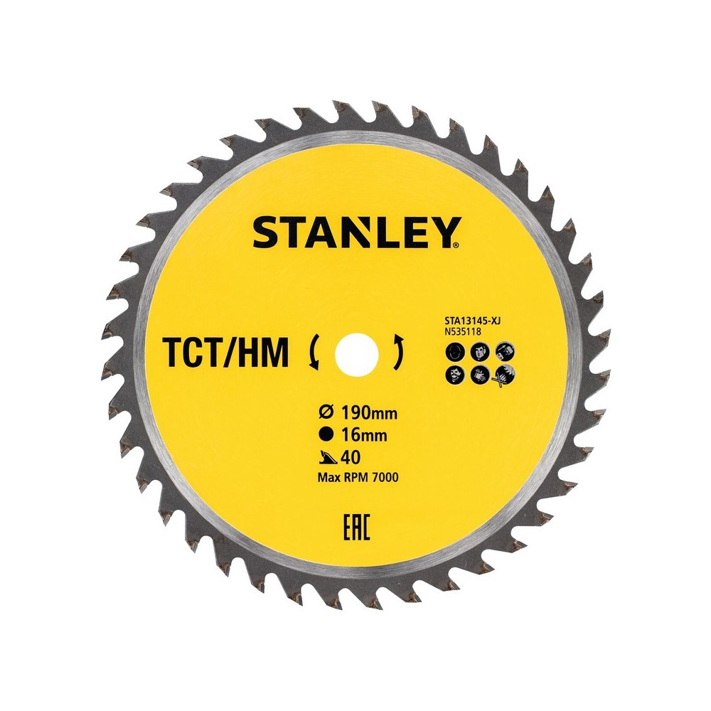 Disc fierastrau circular TCT/HM pentru lemn 190x16mm, 40 dinti, Stanley