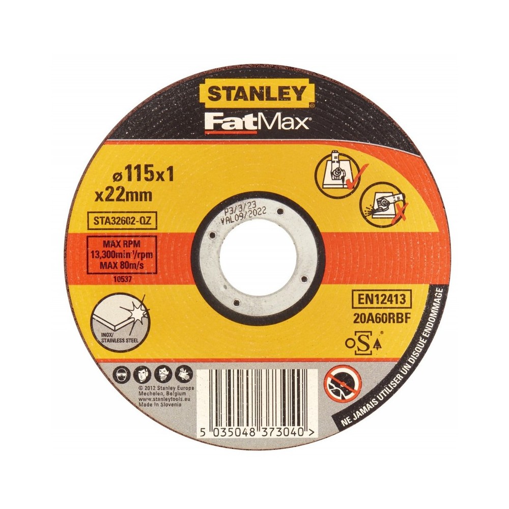 Disc abraziv drept FatMax pentru taiere inox, diametru 115x22.2x1mm, Stanley