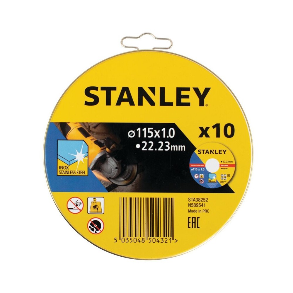 Discuri abrazive pentru taiere inox 115x22.2x1mm, in cutie metalica, 10 bucati, Stanley