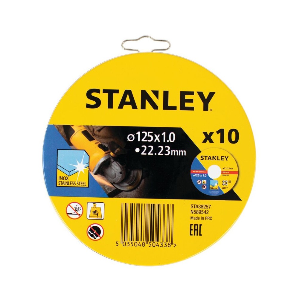 Discuri abrazive pentru taiere inox 125x22.2x1mm, in cutie metalica, 10 bucati, Stanley